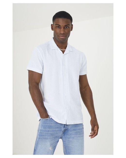 Brave Soul White Blue 'durango' Cotton Short Sleeve Revere Collar Shirt for men