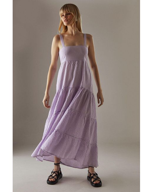 Warehouse Purple Linen-Look Strappy Tie Back Tier Midi Sundress