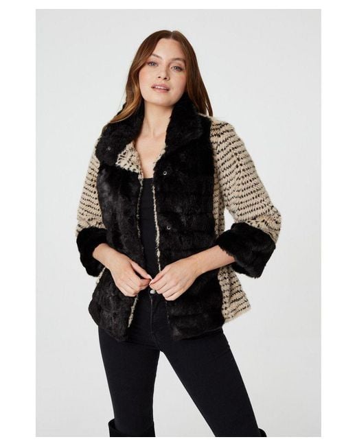 Izabel London Black Striped Faux Fur 3/4 Sleeve Jacket