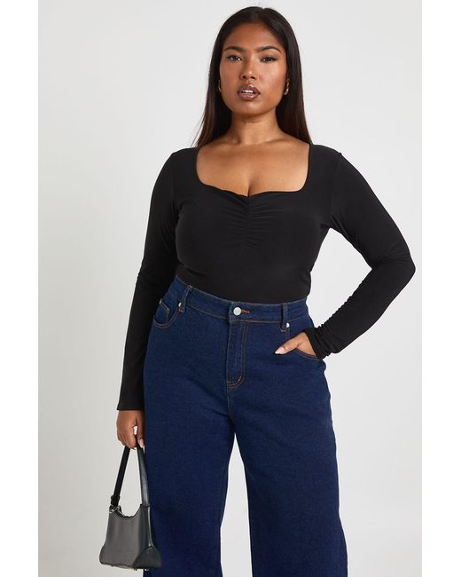Boohoo Blue Plus Long Sleeve Double Layer Ruched Front Bodysuit