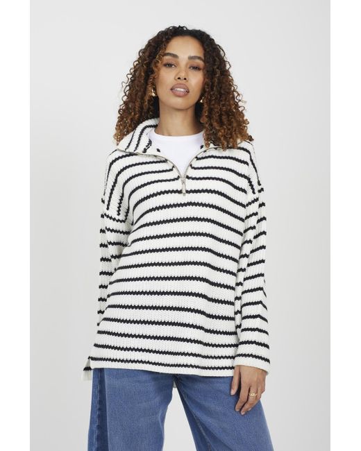 Brave Soul White Striped Fisherman Knit Zip Neck Tunic Jumper