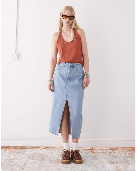 Obey Pink Simplex Denim Midi Skirt With Front Slit