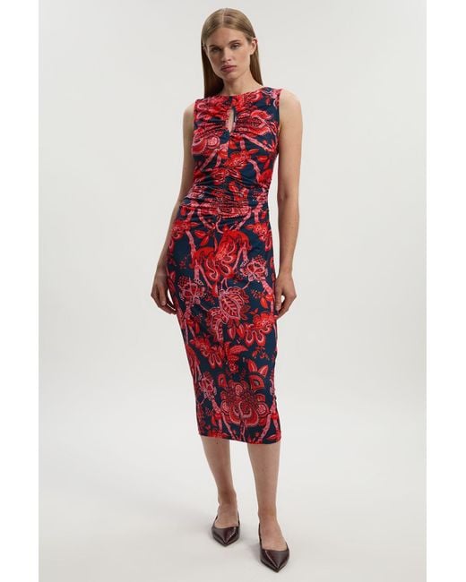 Karen Millen Red Paisley Floral Jersey Crepe Cut Out Neck Midi Dress