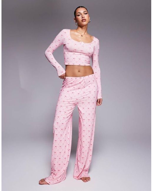 Kaiia Pink Exclusive Cropped Scoop Neck Bow Detail Pyjama Top Co-Ord