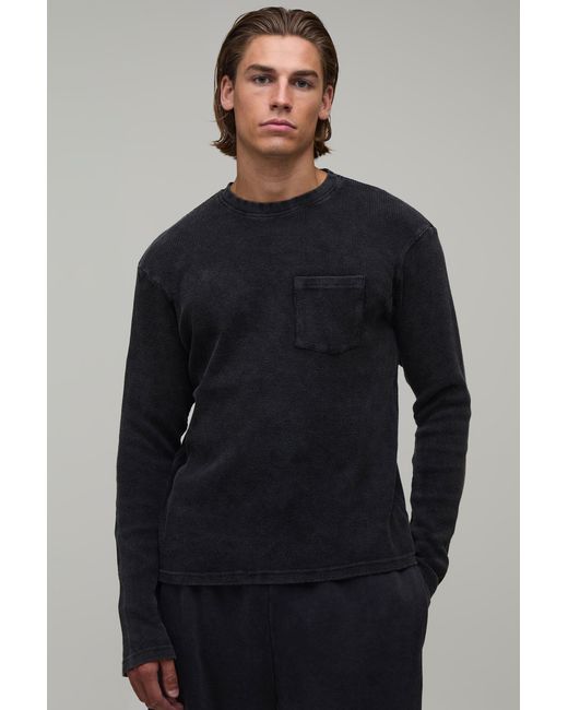 BoohooMAN Blue Essential Regular Fit Wash Long Sleeve Waffle Pocket T-Shirt for men