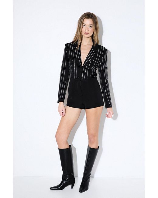 MissPap Black Premium Embellished Blazer Playsuit