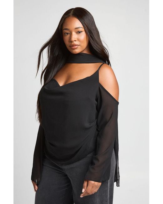 Boohoo Black Plus Sheer Cowl Neck Top With Scarf Detail