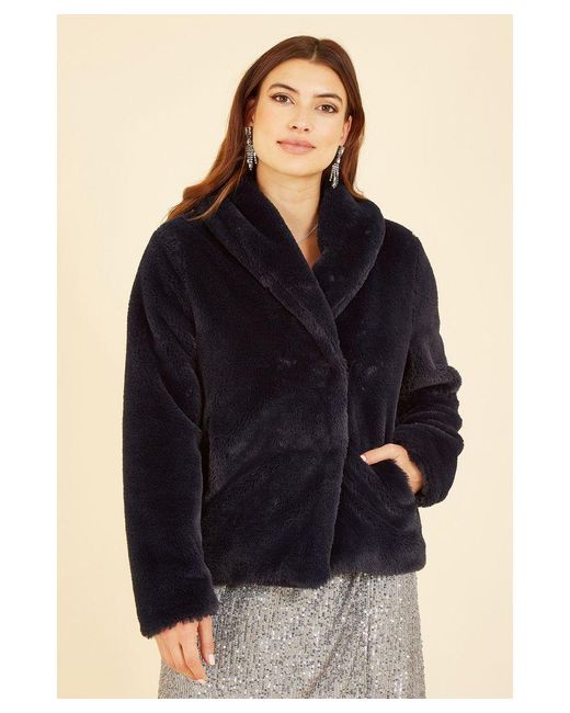 Yumi' Blue Short Wrap Faux Fur Coat