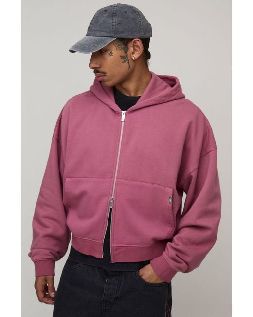 BoohooMAN Pink Essential Washed Shrunken Boxy Zip Through Hoodie for men