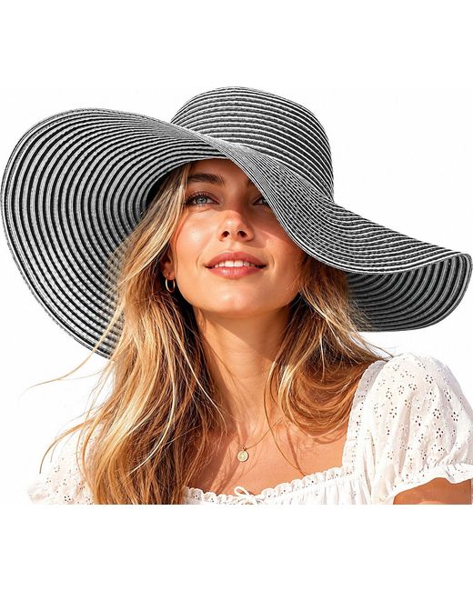 Woodland Leathers Black Ladies Extra Wide Brim Striped Sun Hat Foldable Summer Beach Hat