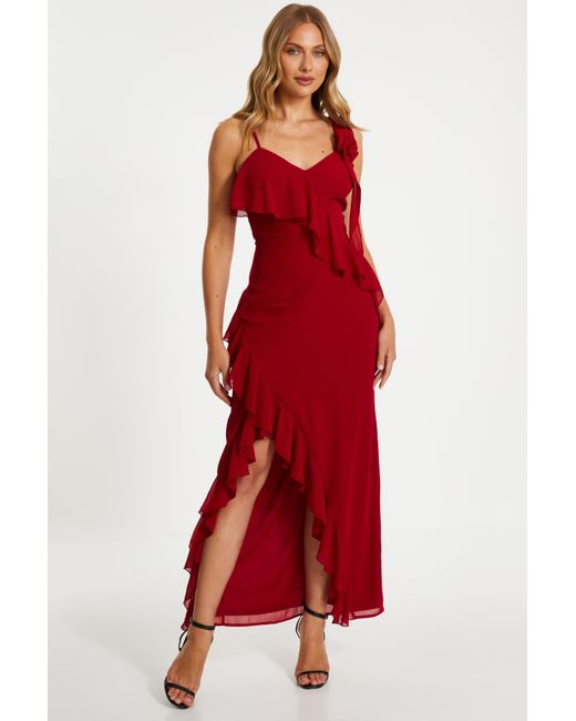 Quiz Red Chiffon Frill Maxi Dress