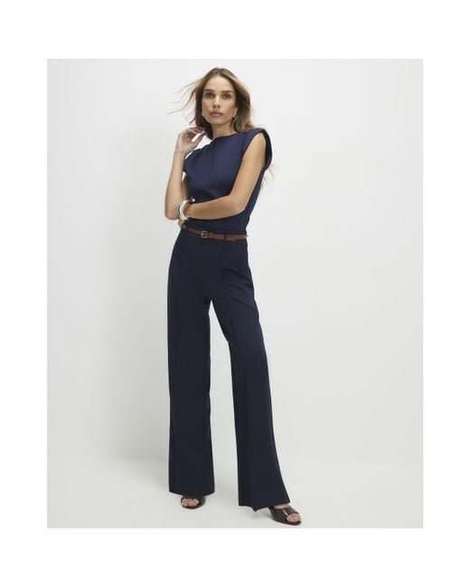 River Island Blue Straight Leg Trousers Belted