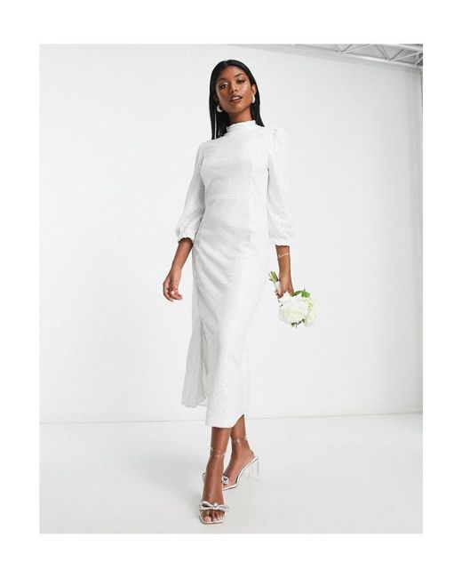 Y.A.S White Bridal Long Sleeve Sequin Midi Dress