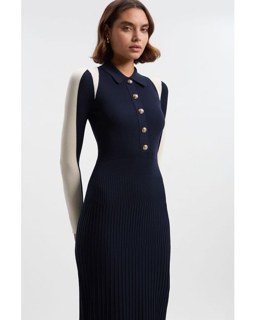 Karen Millen Blue Rib Knit Military Colour Block Midi Dress