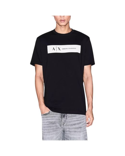Armani Black Exchange T-Shirts Central Logo Print Cotton Tee Summer Top for men