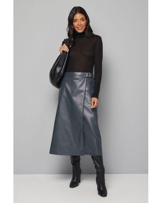 Wallis Gray Faux Leather Wrap Midi Skirt