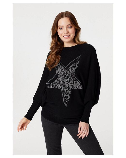 Izabel London Black Star Embellished Knit Sweater Acrylic/Polyester