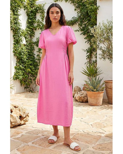 Roman Pink Balloon Sleeve Midi Dress