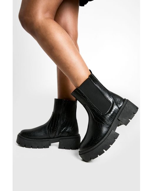 Boohoo Black Wide Fit Croc Chunky Chelsea Boots