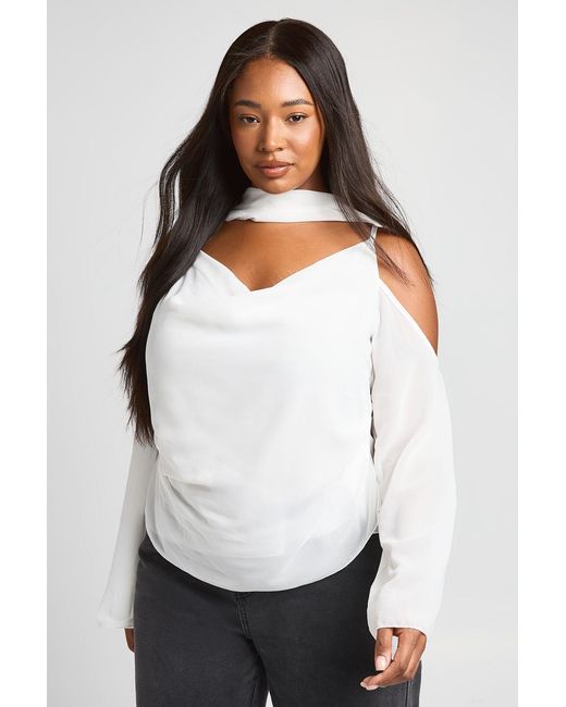 Boohoo White Plus Sheer Cowl Neck Top With Scarf Detail