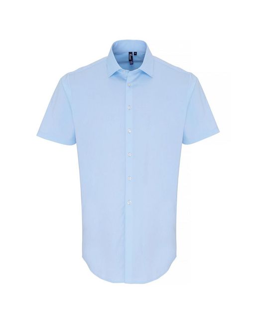 PREMIER Blue Poplin Stretch Short-Sleeved Shirt (Pale) for men