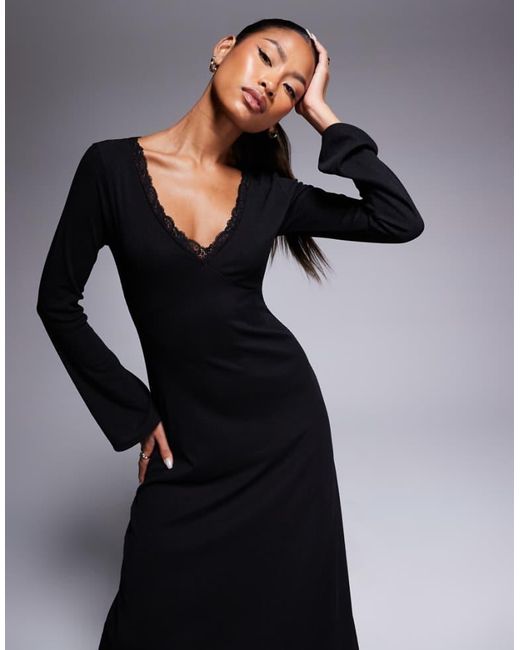 ASOS Black V-Neck Soft Flare Ribbed Maxi Dress