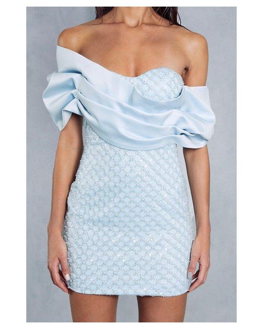MissPap Blue Premium Embellished Off The Shoulder Bardot Mini Dress