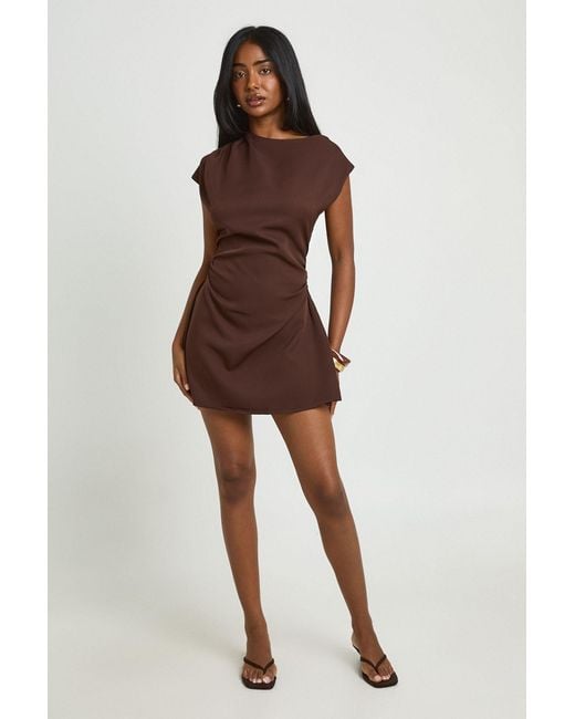 Boohoo Brown High Asymmetric Neck Ruched Waist Mini Dress