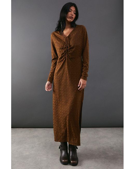 Warehouse Brown Jersey Jacquard Tie Front Fitted Midi Dress