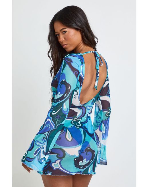 Boohoo Blue Abstract Print Sheer Mesh Mini Beach Dress