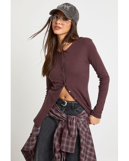 Boohoo Purple Ribbed Longline Popper Front Top