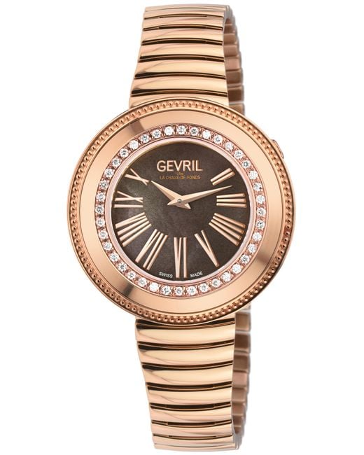 Gevril Metallic Gandria Swiss Diamond Watch, 316L Ss/Iprg Case, Bronze Mop Dial, Rg Bracelet