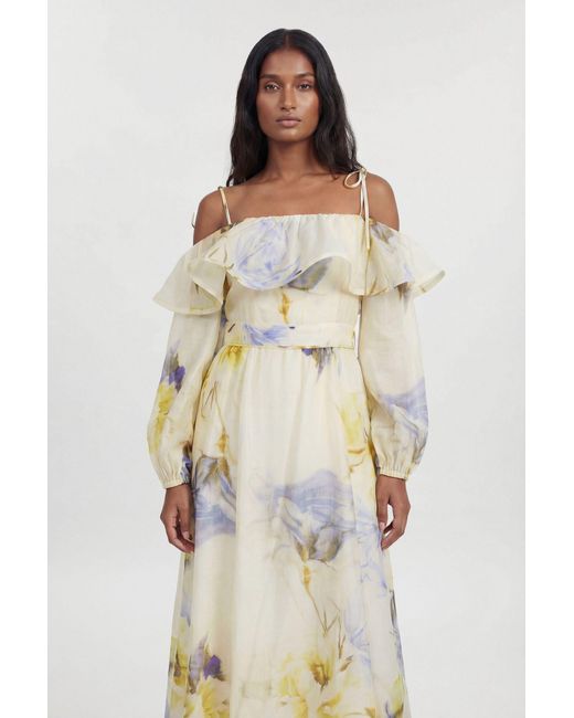Karen Millen Natural Floral Off The Shoulder Shirred Woven Maxi Dress Lyocell