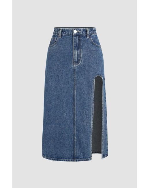 Hiccup Blue Denim Midi Skirt With Slit