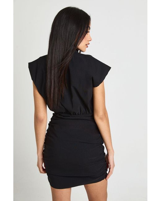Boohoo Black Bengaline V Neck Ruched Skrit Dress