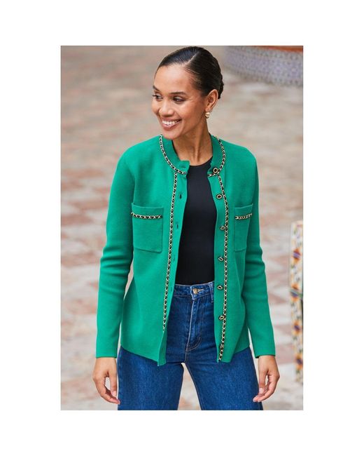 Sosandar Green Pocket Front Cardigan With Chain Trim Detail Cotton