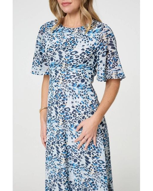 Izabel London Blue Animal Print Flared Sleeve Midi Dress