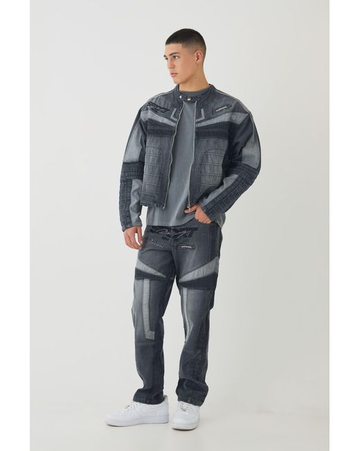 BoohooMAN Blue Straight Leg Moto Applique Jeans for men