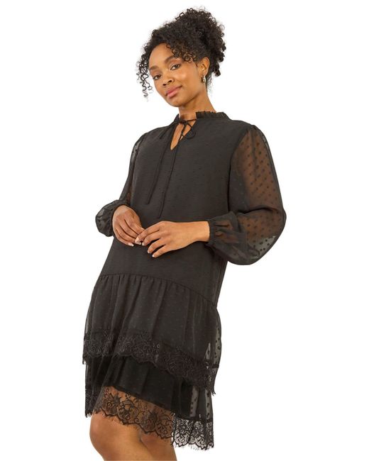 Roman Black Petite Frill Tie Front Lace Dress