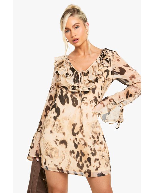 Boohoo Natural Animal Printed Chiffon Ruffle Shift Dress