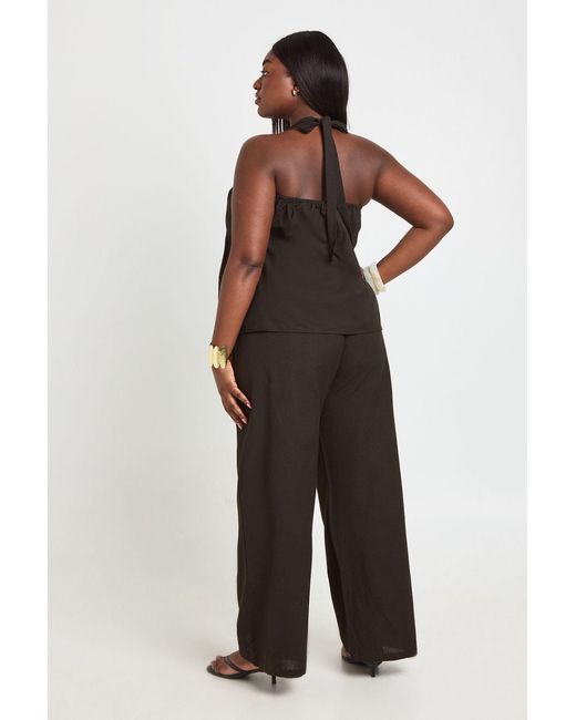 Boohoo Black Plus Pleated Linen Look Halterneck And Trouser Set