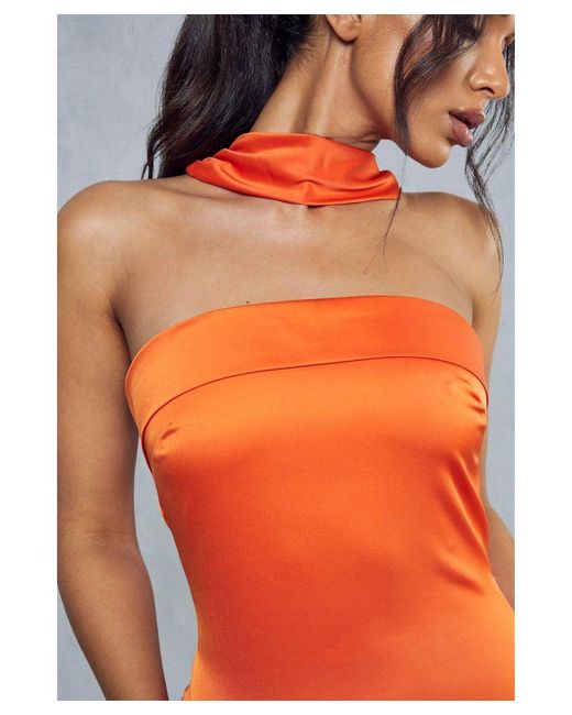 MissPap Orange Satin Halterneck Choker Detail Mini Dress