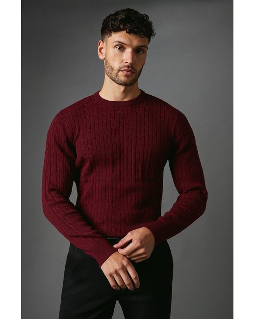 MAINE Red Premium Pure Cotton Cable Crew Neck Jumper for men