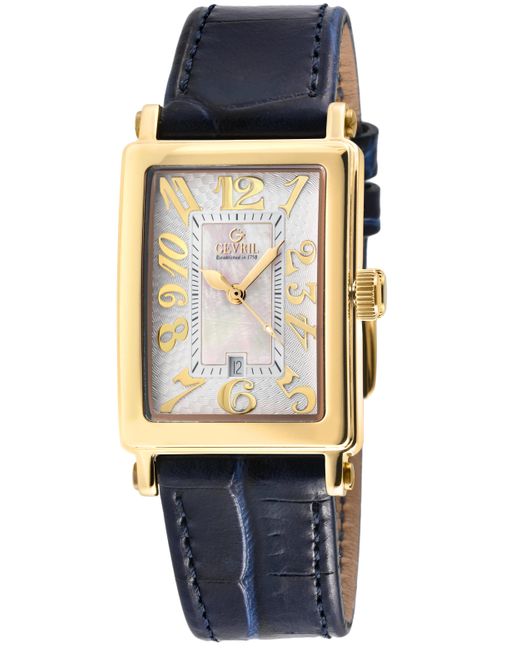 Gevril Blue Ave Of Americas Mini Ipyg Stainless Steel Case, Mop Dial Watch, Genuine Leather Strap