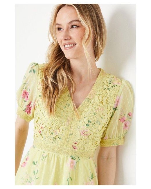 Oasis Yellow Occasion Floral Lace Bodice Tiered Midi Dress