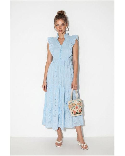 Bianco Lucci Blue Embroidered Cotton-Blend Midi Dress