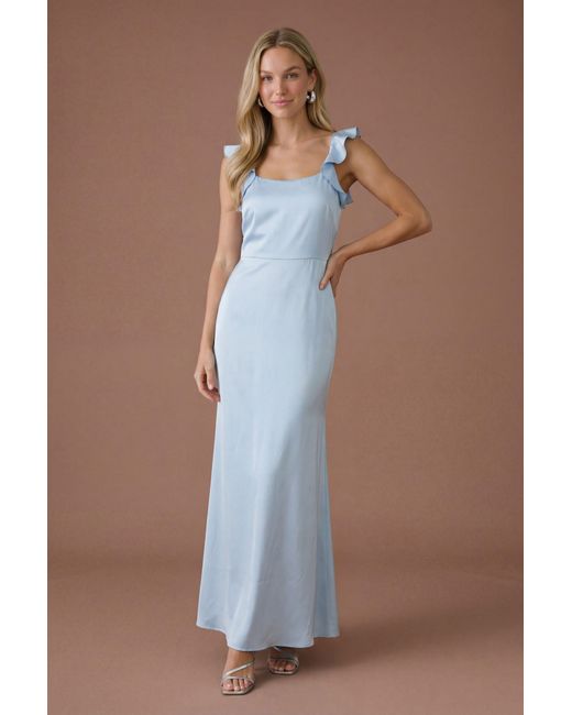 Oasis Blue Ruffle Square Neck Satin Bridesmaid Maxi Dress