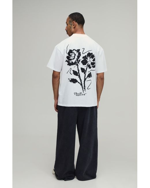 BoohooMAN Gray Oversized Floral Sketch Print T-Shirt Cotton for men