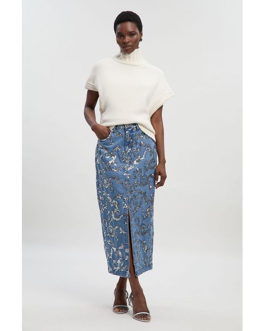 Karen Millen Blue Sequin Denim Pencil Skirt