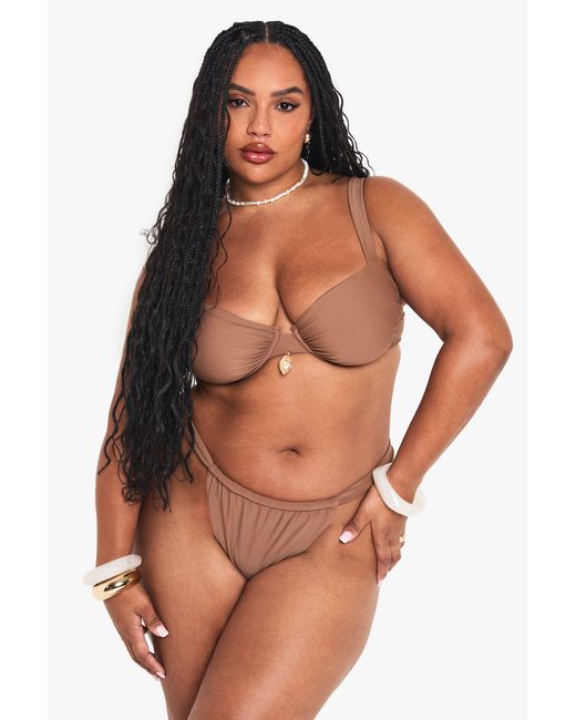 Boohoo Brown Plus Shell Trim Ruched Tanga Bikini Bottoms